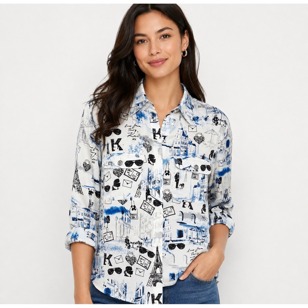 Karl Lagerfeld Paris Womens Blue White Paris Sketch Print Button Down Shirt M